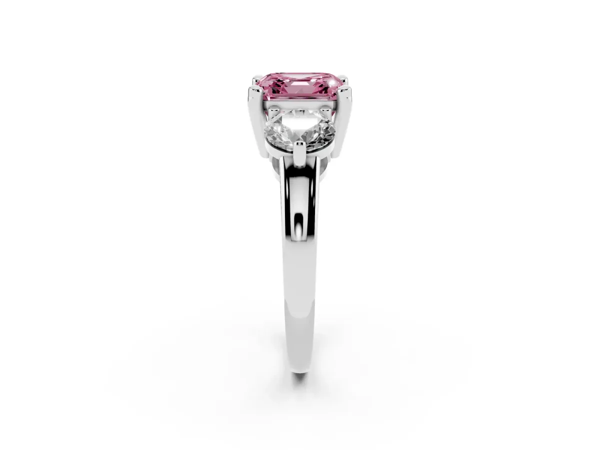 Fancy Pink Three-Stone Asscher Cut Brilliant Cut Solitaire Ring with Prong Setting on a Classic Band Platinum