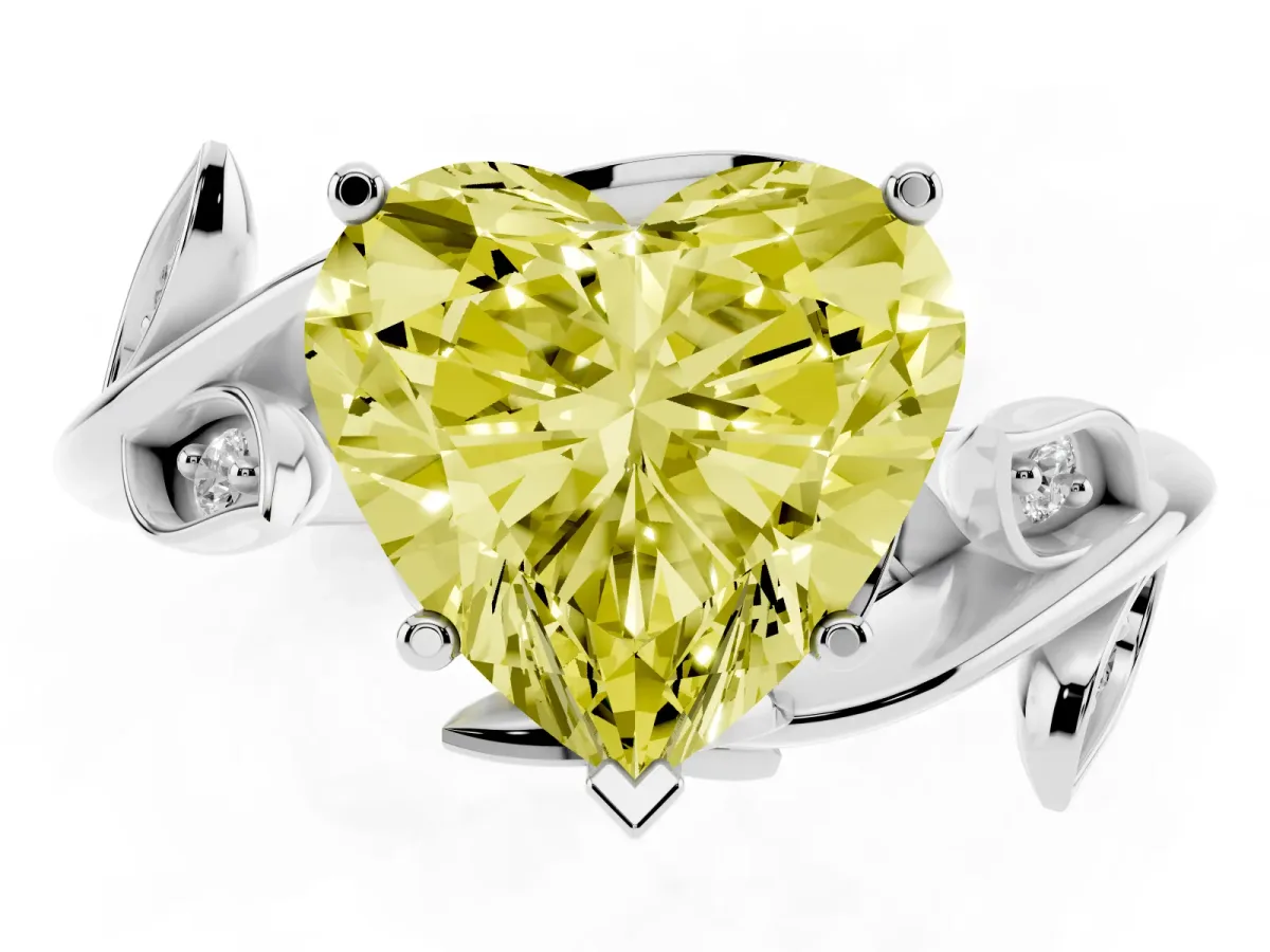 Fancy Yellow Heart Cut Solitaire Twist Engagement Ring with Leaf Accents and Prong Setting White gold