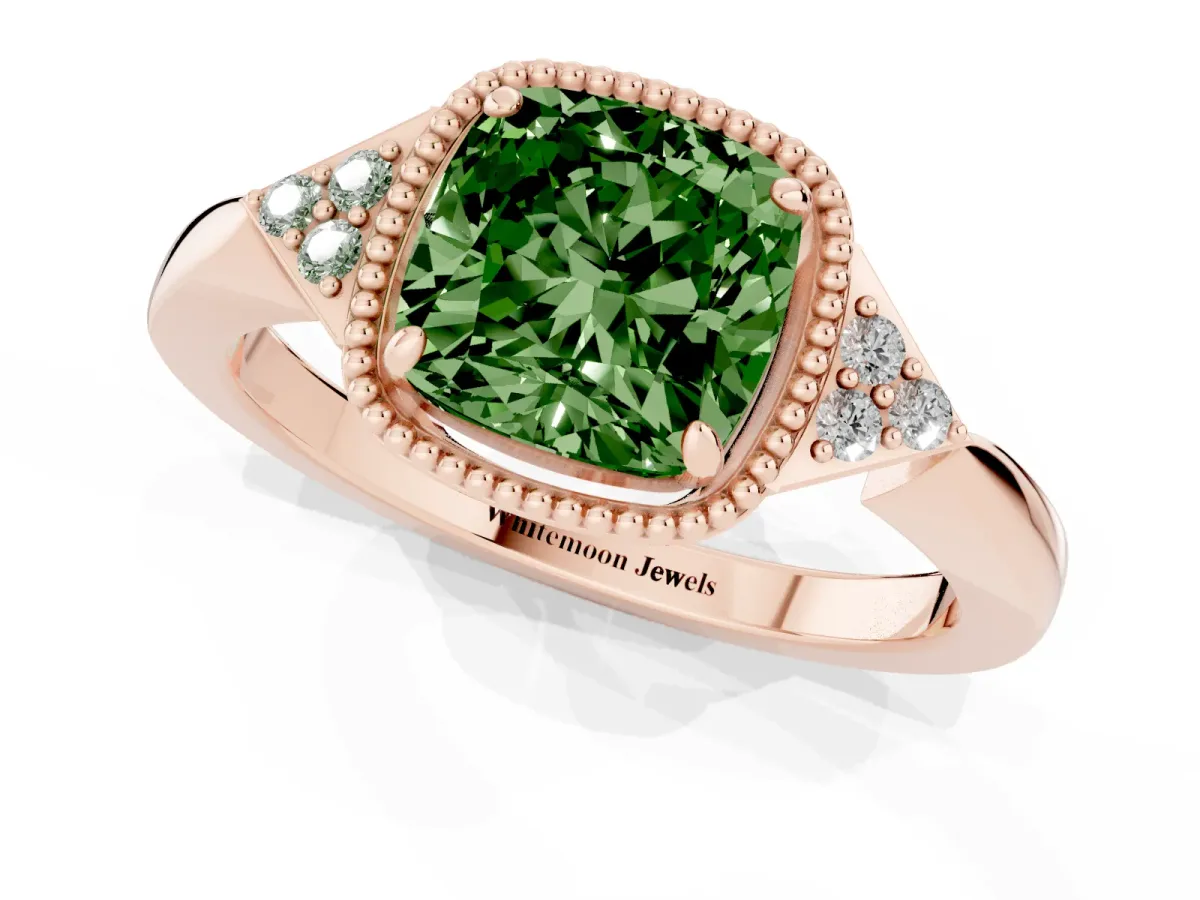 Fancy Green Cushion Cut Diamond Halo Ring with Tapered Band and Four-Prong Setting Rose gold
