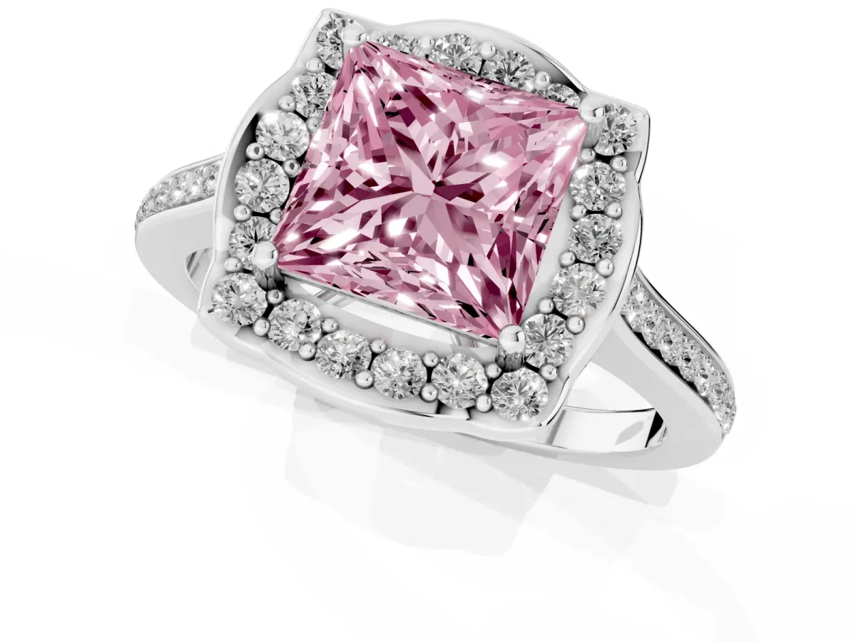 Fancy Pink Princess Cut Halo Round Diamond Pave Band with Four-Prong Setting Silver