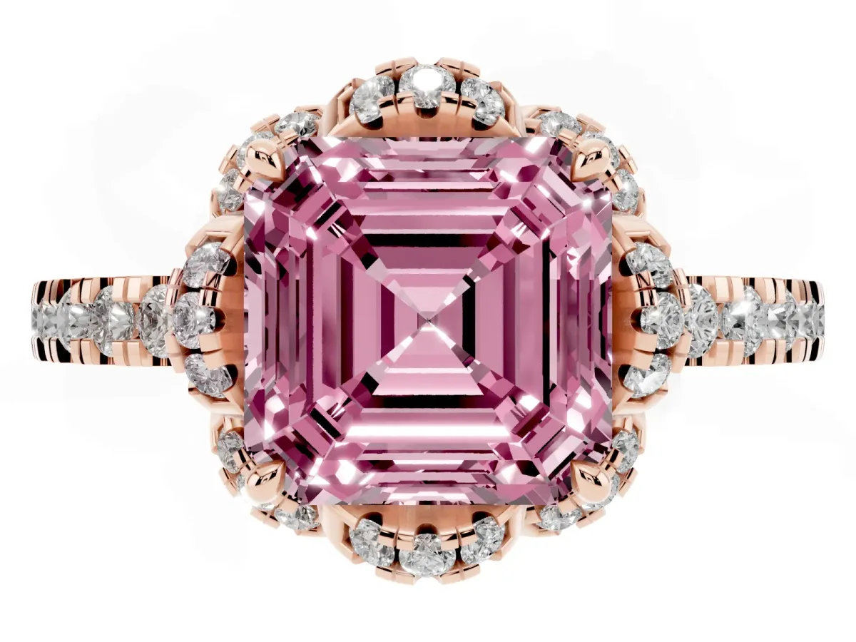 Fancy Pink Asscher Cut Halo Diamond Pave Band Ring with Four-Prong Setting Rose gold