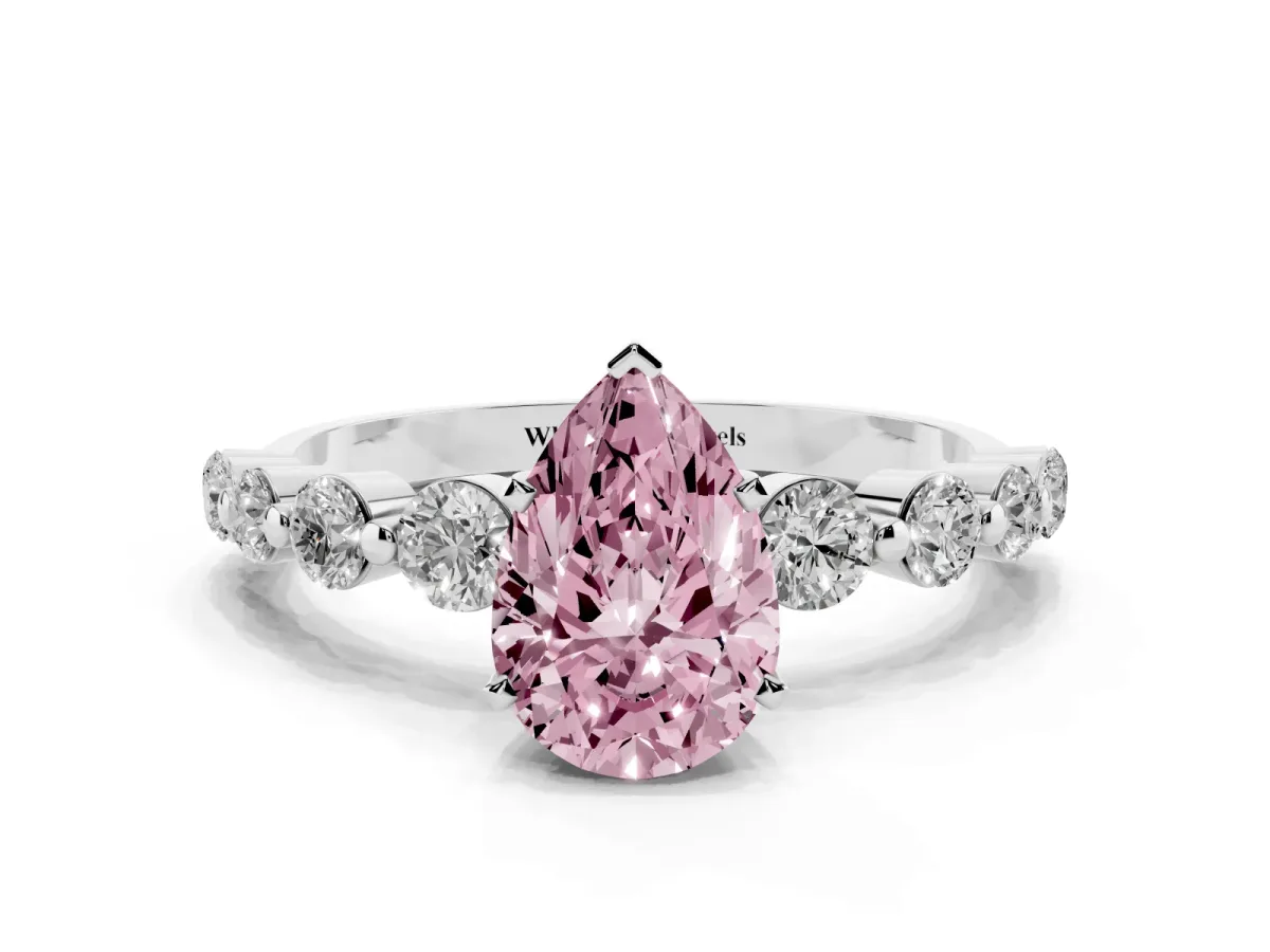 Fancy Pink Pear Cut Solitaire Diamond Ring with Pave Band and Four-Prong Setting Silver