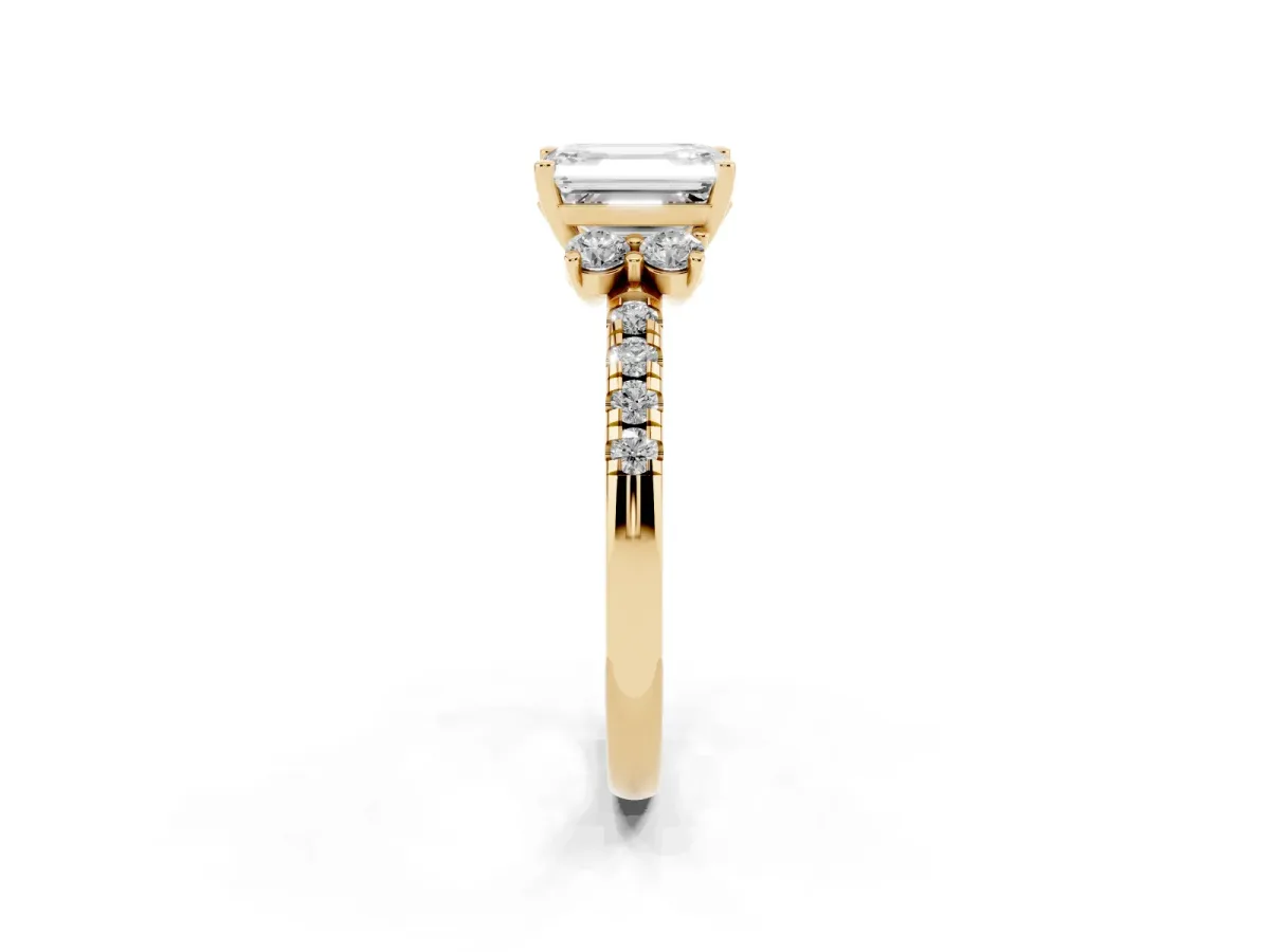 Emerald Cut Diamond Three-Stone Pave Band with Four-Prong Setting Yellow gold