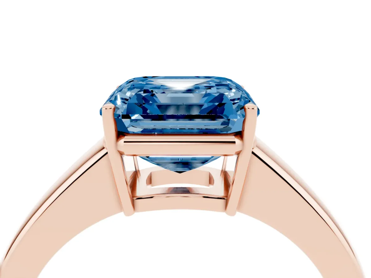 Fancy Blue Asscher Cut Solitaire Diamond Ring with Tapered Band and Four-Prong Setting Rose gold