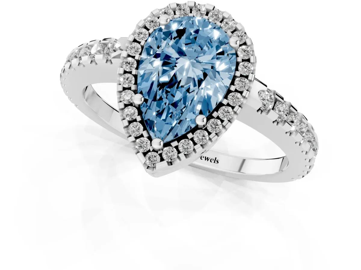 Fancy Blue Pear Cut Diamond Halo Engagement Ring with Pavé Band and Prong Setting Silver