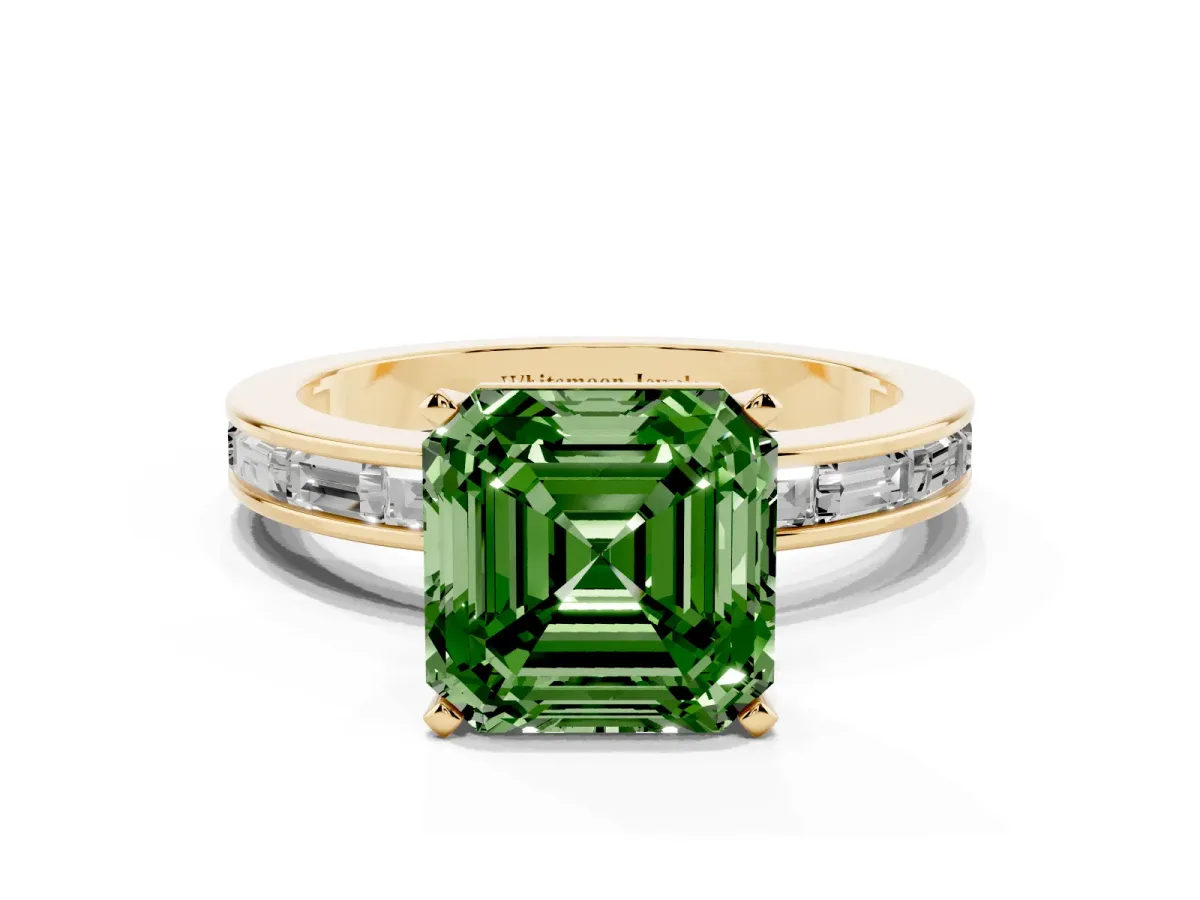 Fancy Green Asscher Cut Solitaire Diamond Ring with Channel-Set Baguette Band and Four-Prong Setting Yellow gold