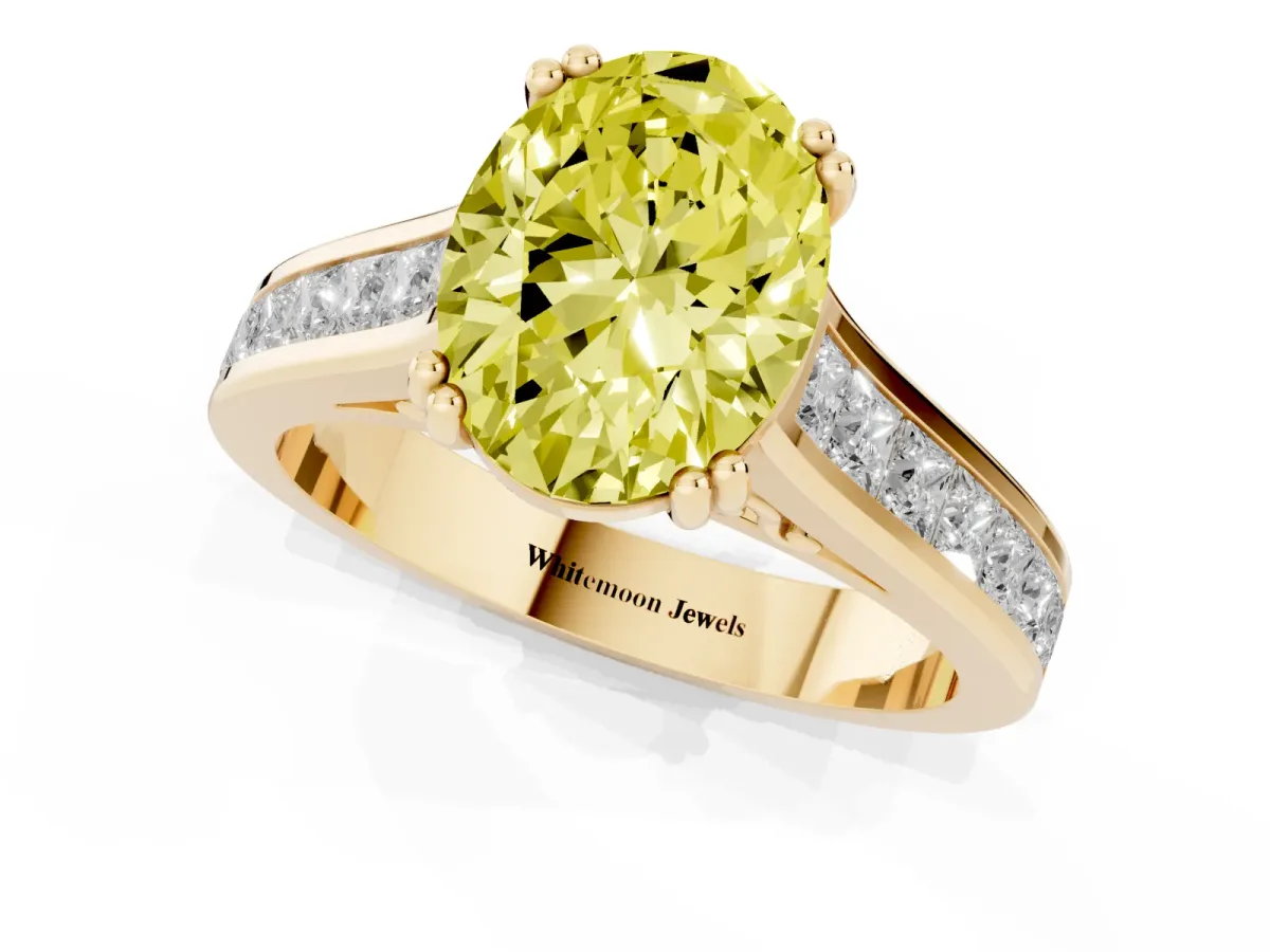 Fancy Yellow Oval Cut Cut Channel Set Solitaire Engagement Ring with Prong Setting Yellow gold