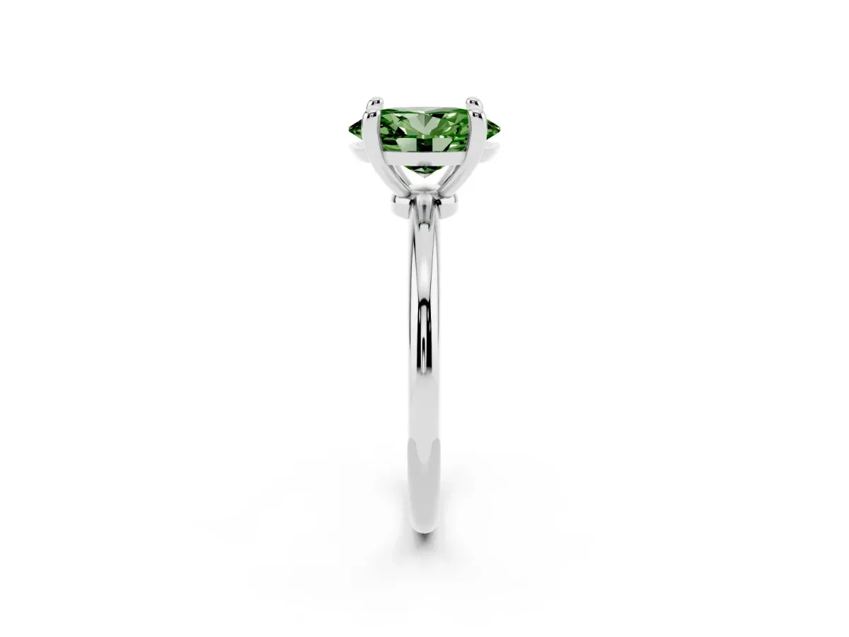 Fancy Green Oval Cut Solitaire Diamond Ring with 4-Prong Setting on a Classic Band Silver