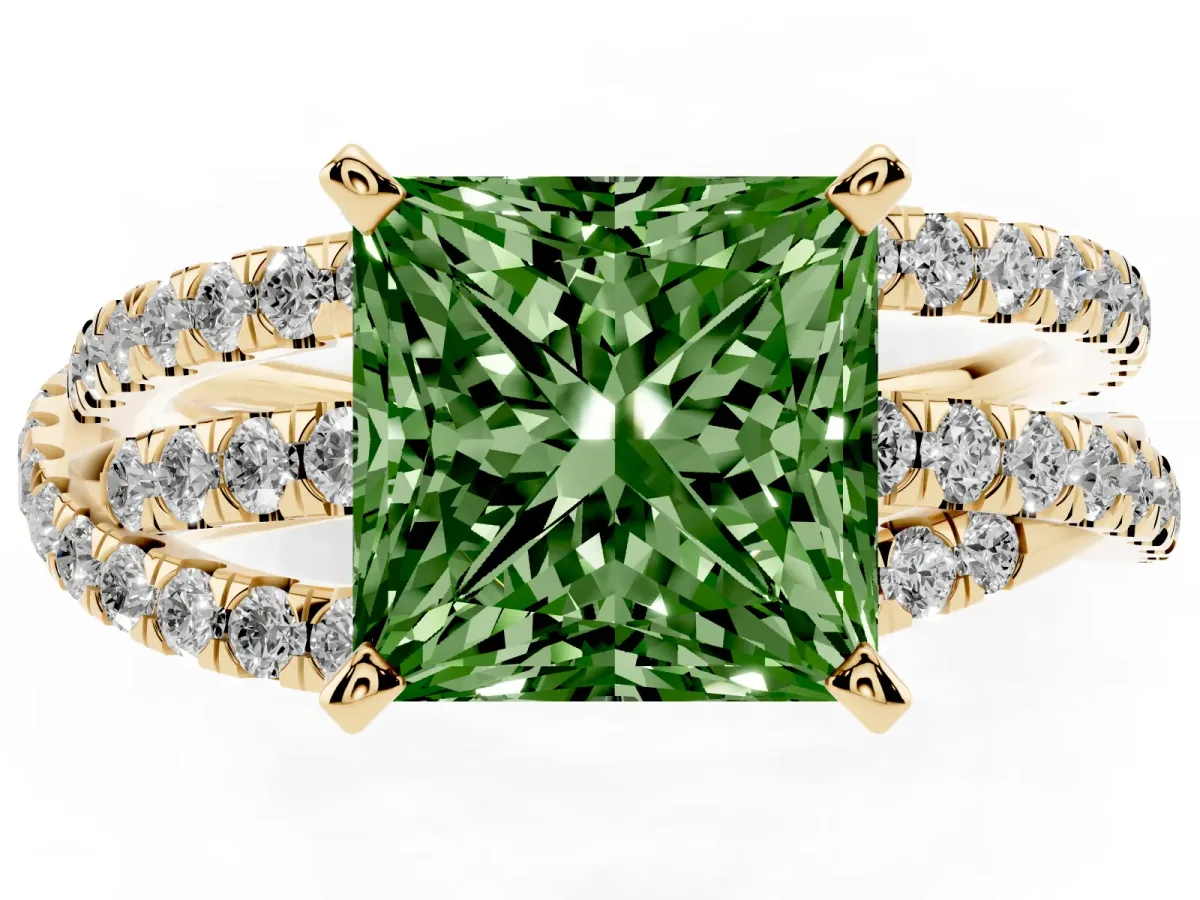 Fancy Green Princess Cut Solitaire Twist Band with Pavé Setting and Four-Prong Setting Yellow gold