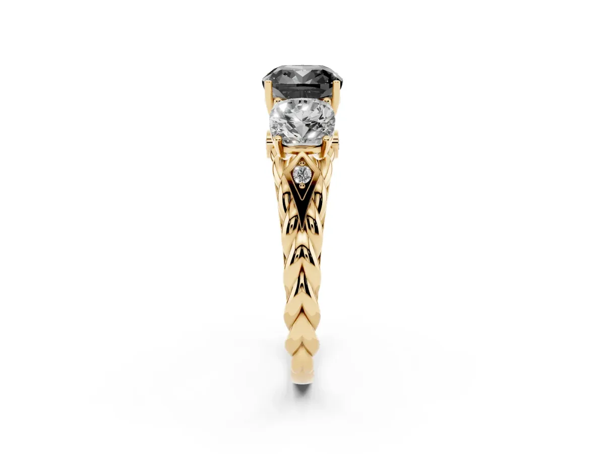 Fancy Black Three-Stone Cushion Cut Diamond Braided Band Ring with Four-Prong Setting Yellow gold