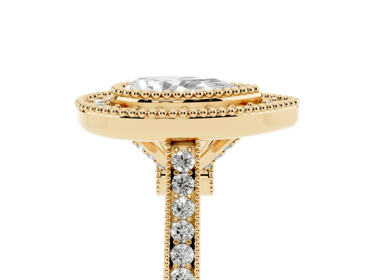 Pear Cut Diamond Halo Ring with Milgrain Frame and Pavé Band Yellow gold