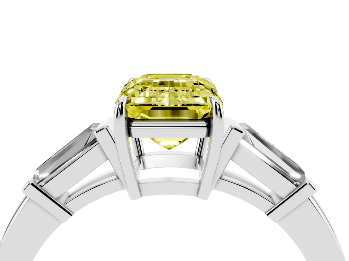 Fancy Yellow Emerald Cut Diamond Three-Stone Ring with Tapered Baguette Side Stones and Prong Setting White gold