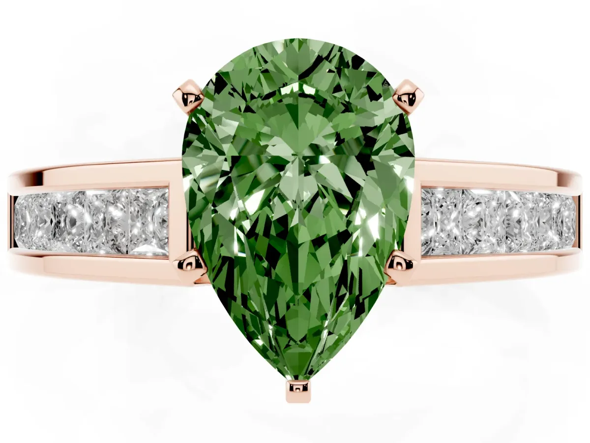 Fancy Green Pear Cut Solitaire Diamond Ring with Channel-Set Band and Four-Prong Setting Rose gold