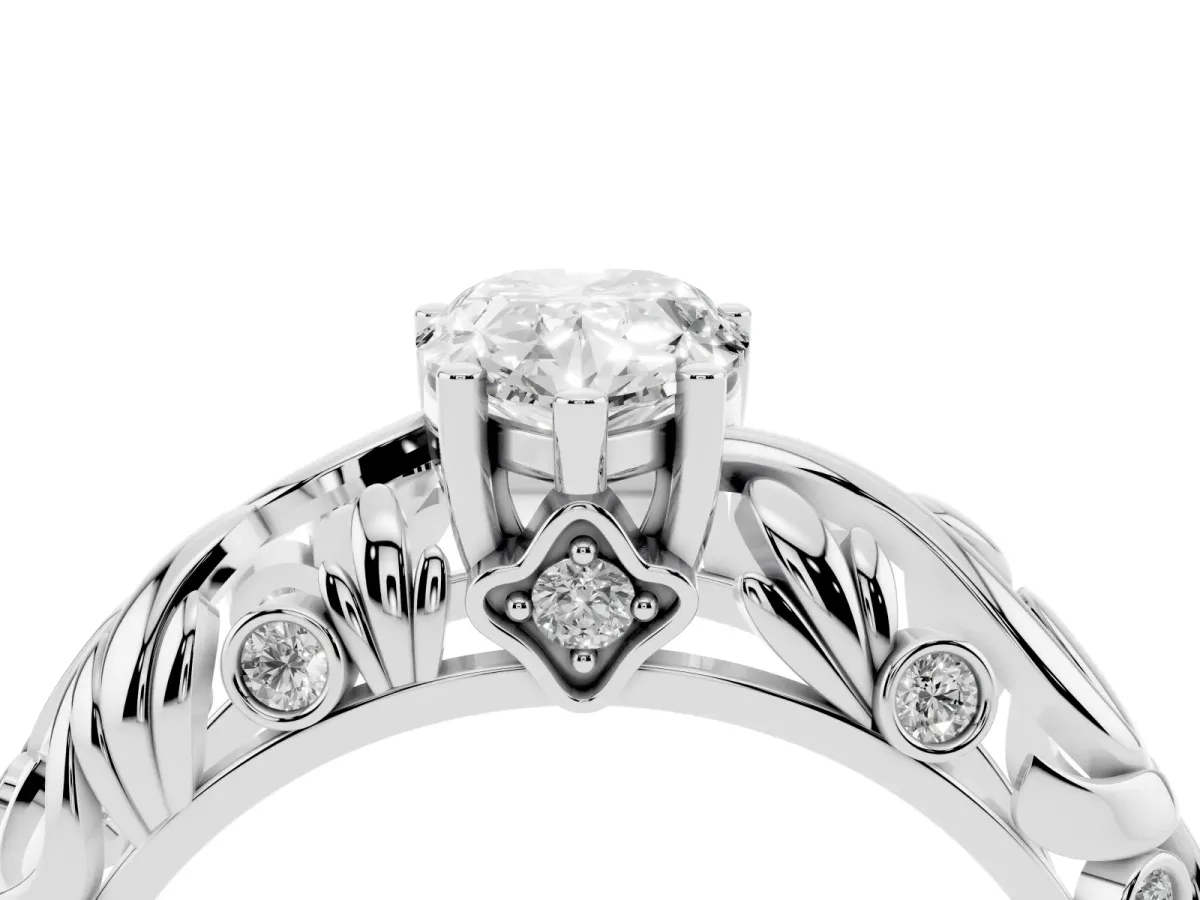 Pear Cut Solitaire Diamond Leaf-Inspired Vine Band Ring with Prong Setting Silver
