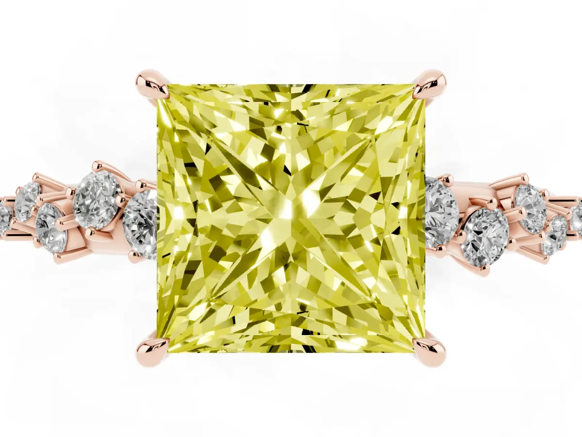 Fancy Yellow Princess Cut Diamond Cluster Side Stone Solitaire Ring with Prong Setting Rose gold