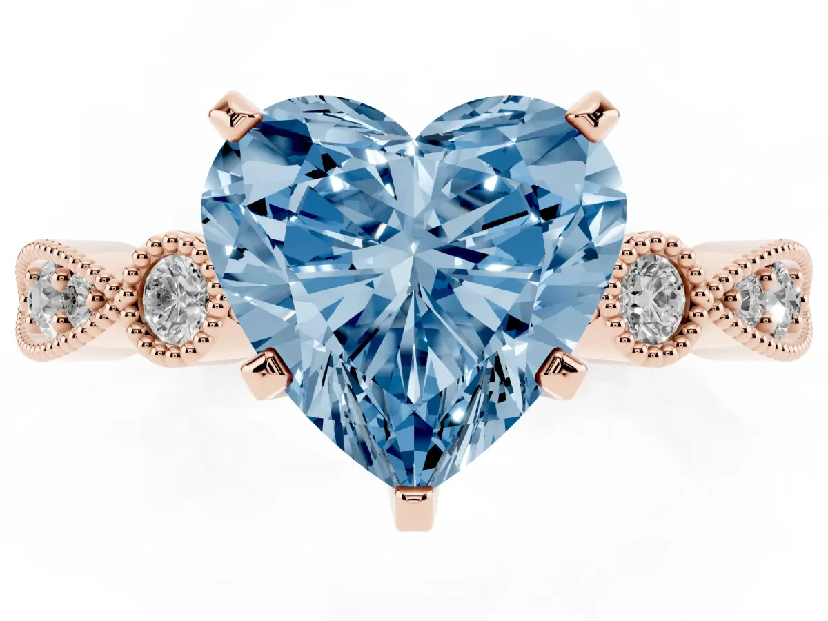 Fancy Blue Heart Cut Milgrain Bezel Diamond Engagement Ring with Solitaire Prong Setting Rose gold