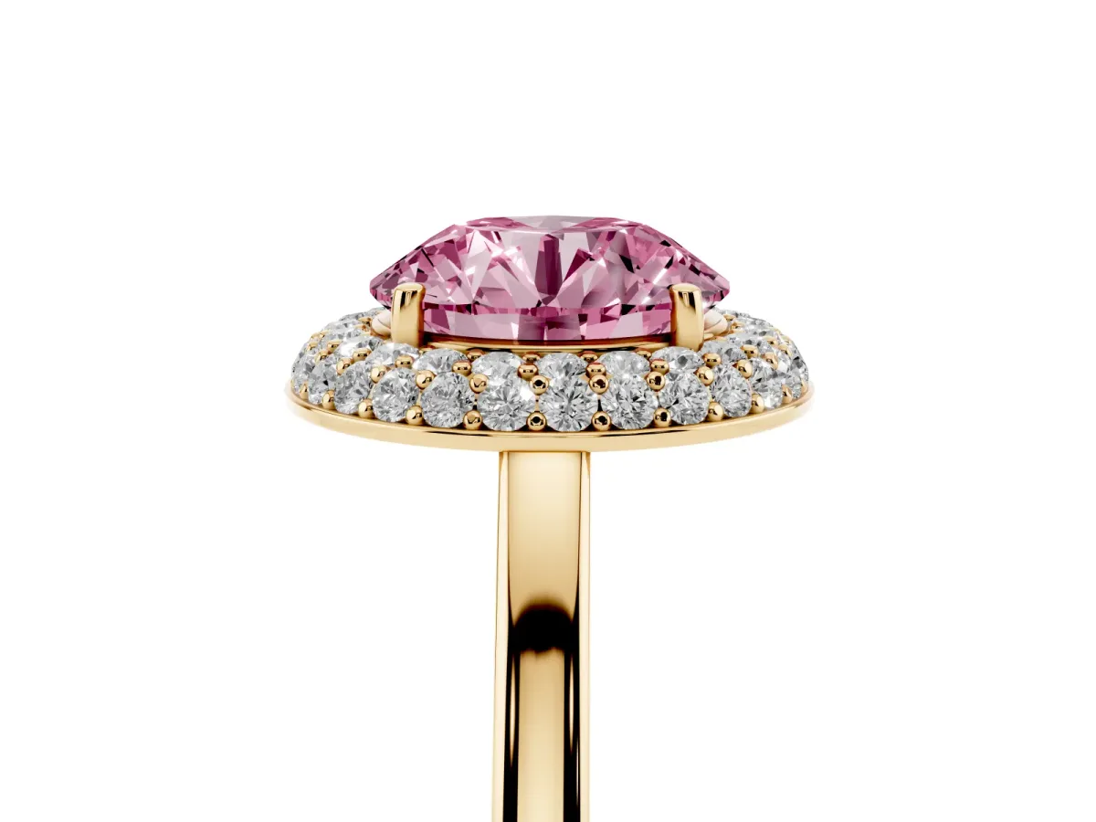 Fancy Pink Round Cut Halo Diamond Engagement Ring with Solitaire Band and Four-Prong Setting Yellow gold