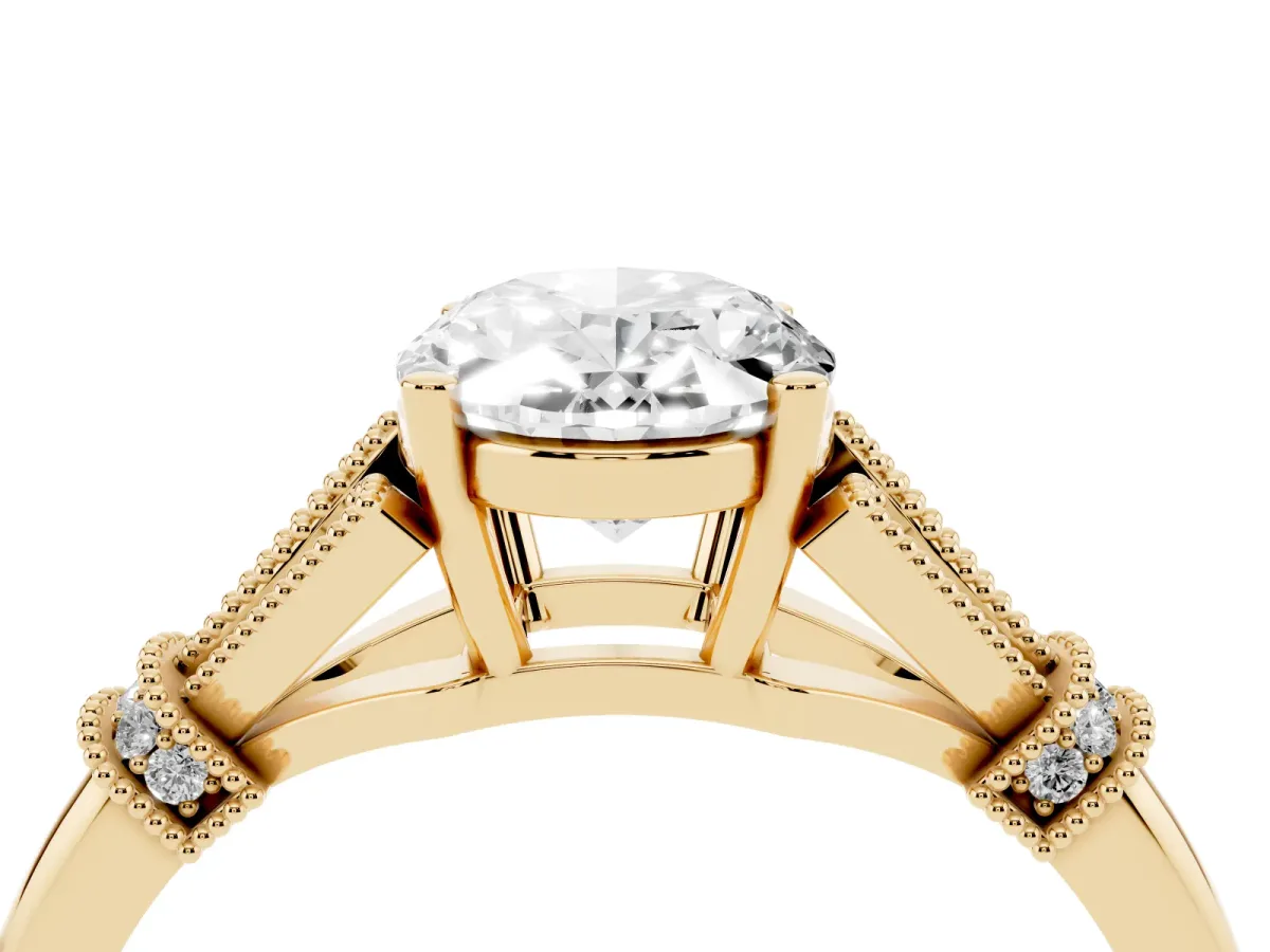 Oval Cut Diamond Solitaire Ring with Floral Filigree and Pave Accents Yellow gold