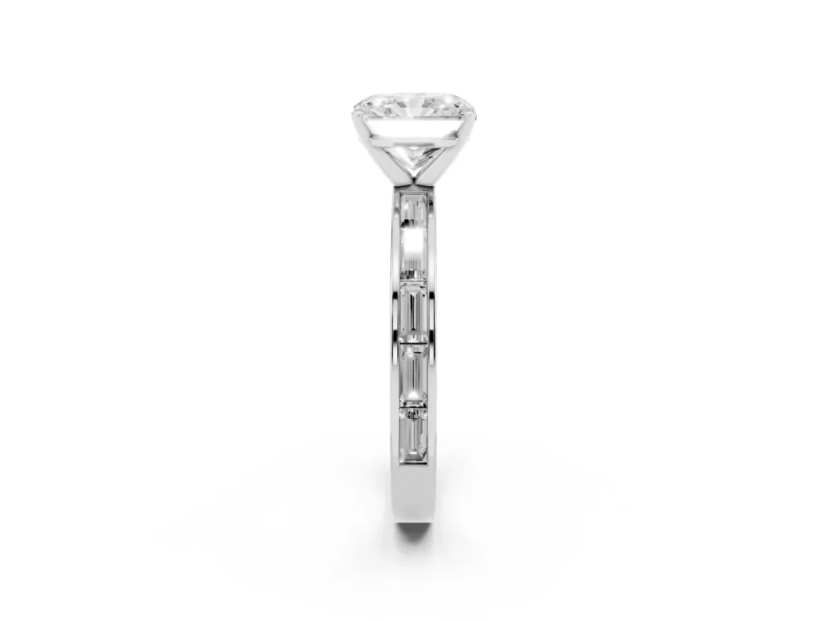 Radiant Cut Solitaire Diamond Ring with Channel-Set Baguette Band and Four-Prong Setting White gold