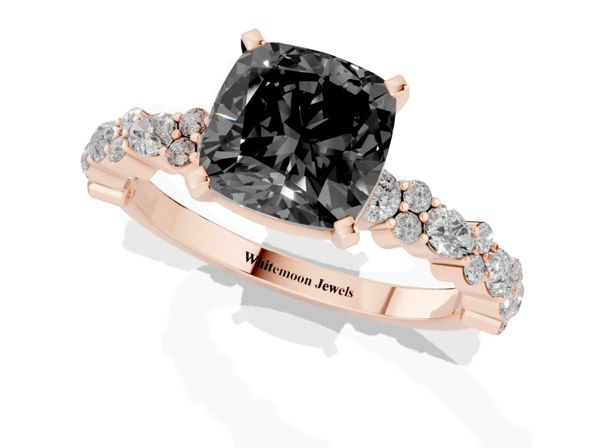 Fancy Black Cushion Cut Diamond Side Stone Solitaire Ring with Round and Four-Prong Setting Rose gold