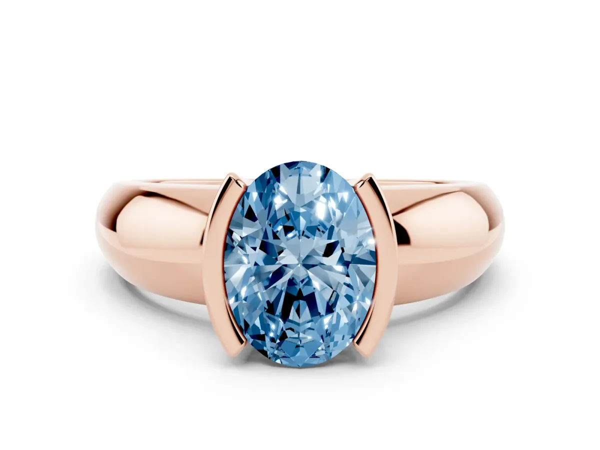 Fancy Blue Oval Cut Solitaire Tension Set Diamond Ring with Wide Band Rose gold
