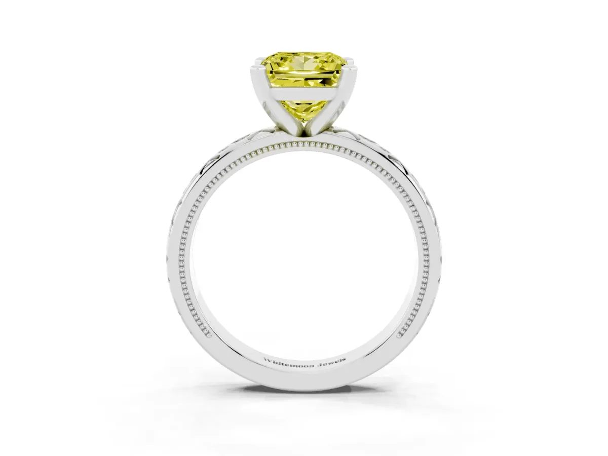 Fancy Yellow Princess Cut Solitaire Engagement Ring with Scrollwork Band and Four-Prong Setting Silver