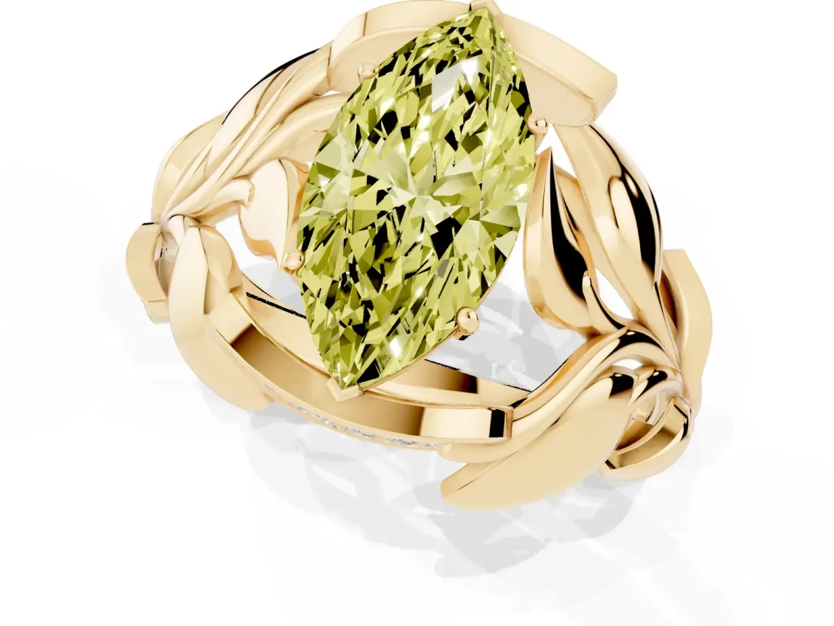 Fancy Yellow Marquise Cut Diamond Leaf-Inspired Engagement Ring with Round Accents and Prong Setting Yellow gold