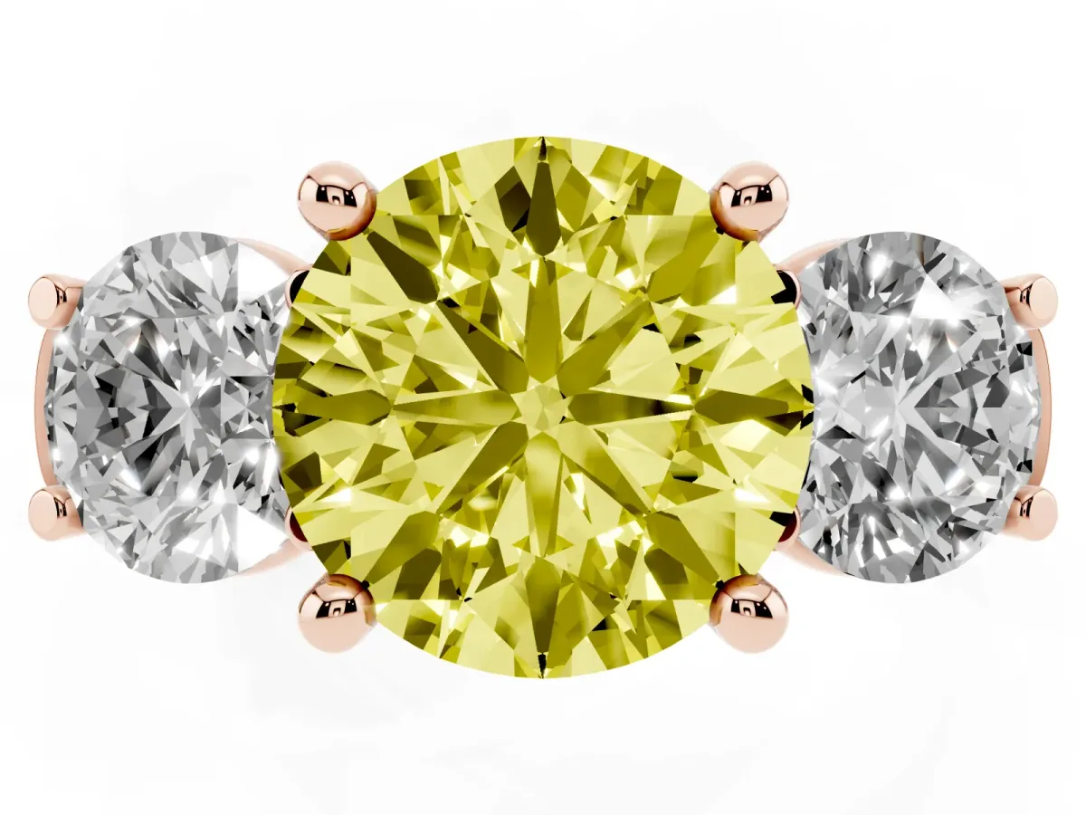 Fancy Yellow Three-Stone Round Cut Brilliant Diamond Trellis Ring with Comfort Fit Band Rose gold