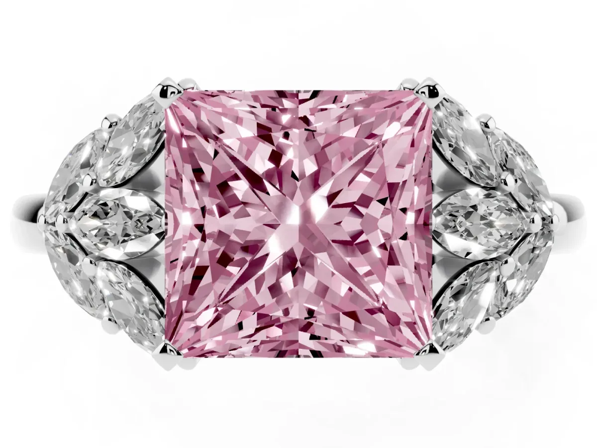 Fancy Pink Princess Cut Diamond Cluster Leaf Design Ring with Prong Setting Silver