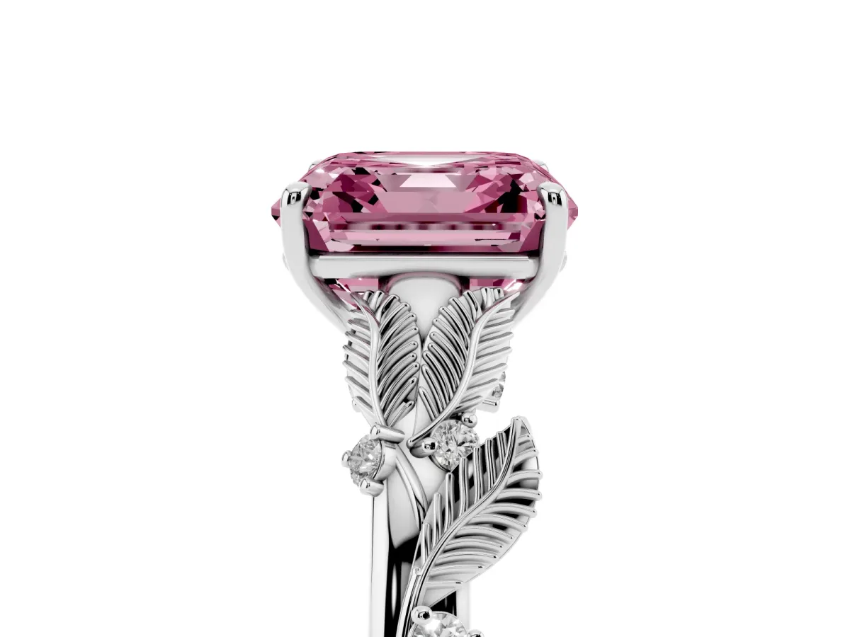 Fancy Pink Asscher Cut Diamond Solitaire Ring with Leaf Motif Band and Four-Prong Setting Platinum
