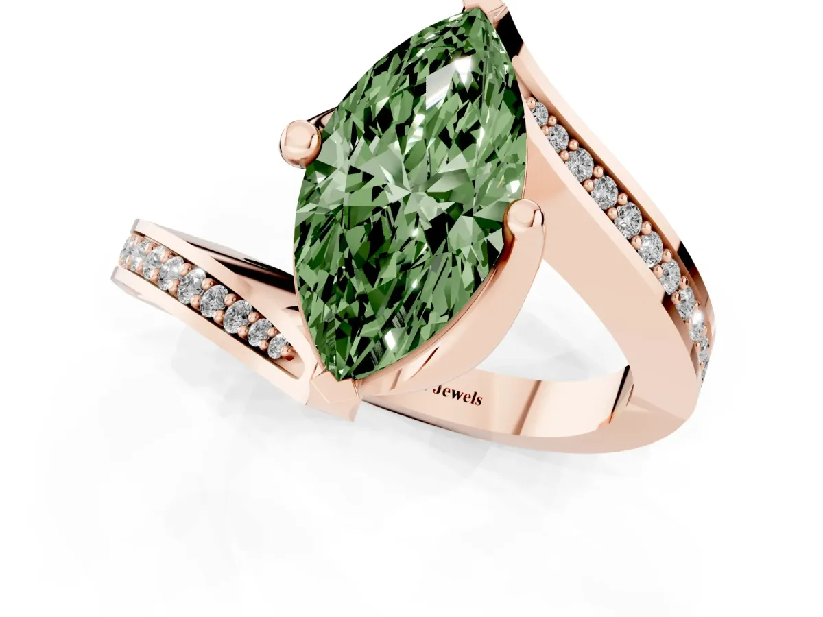 Fancy Green Marquise Cut Solitaire Diamond Twist Band with Pavé Setting and Four-Prong Setting Rose gold