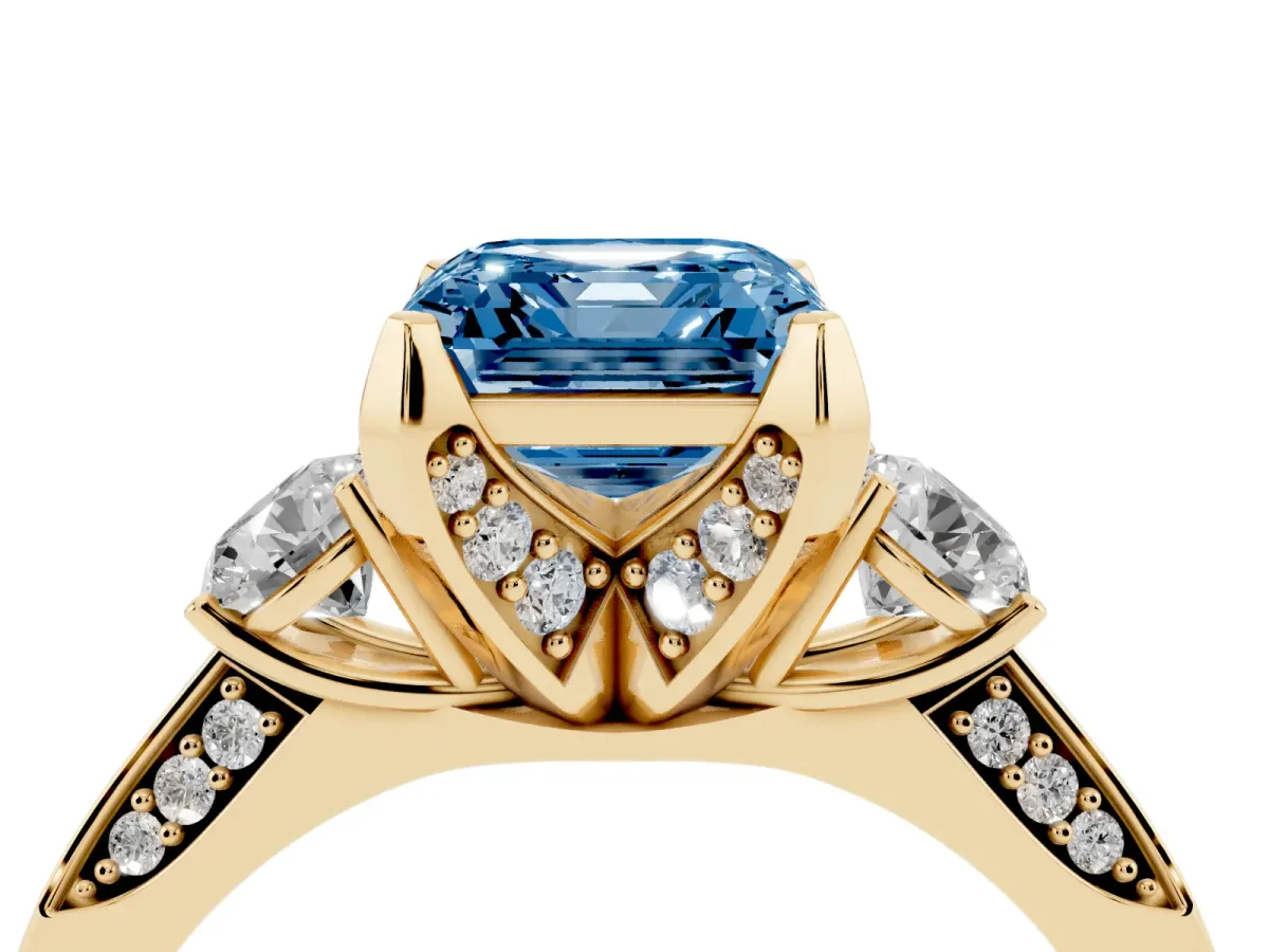 Fancy Blue Asscher Cut Brilliant Three-Stone Diamond Ring with Pavé Band and Four-Prong Setting Yellow gold
