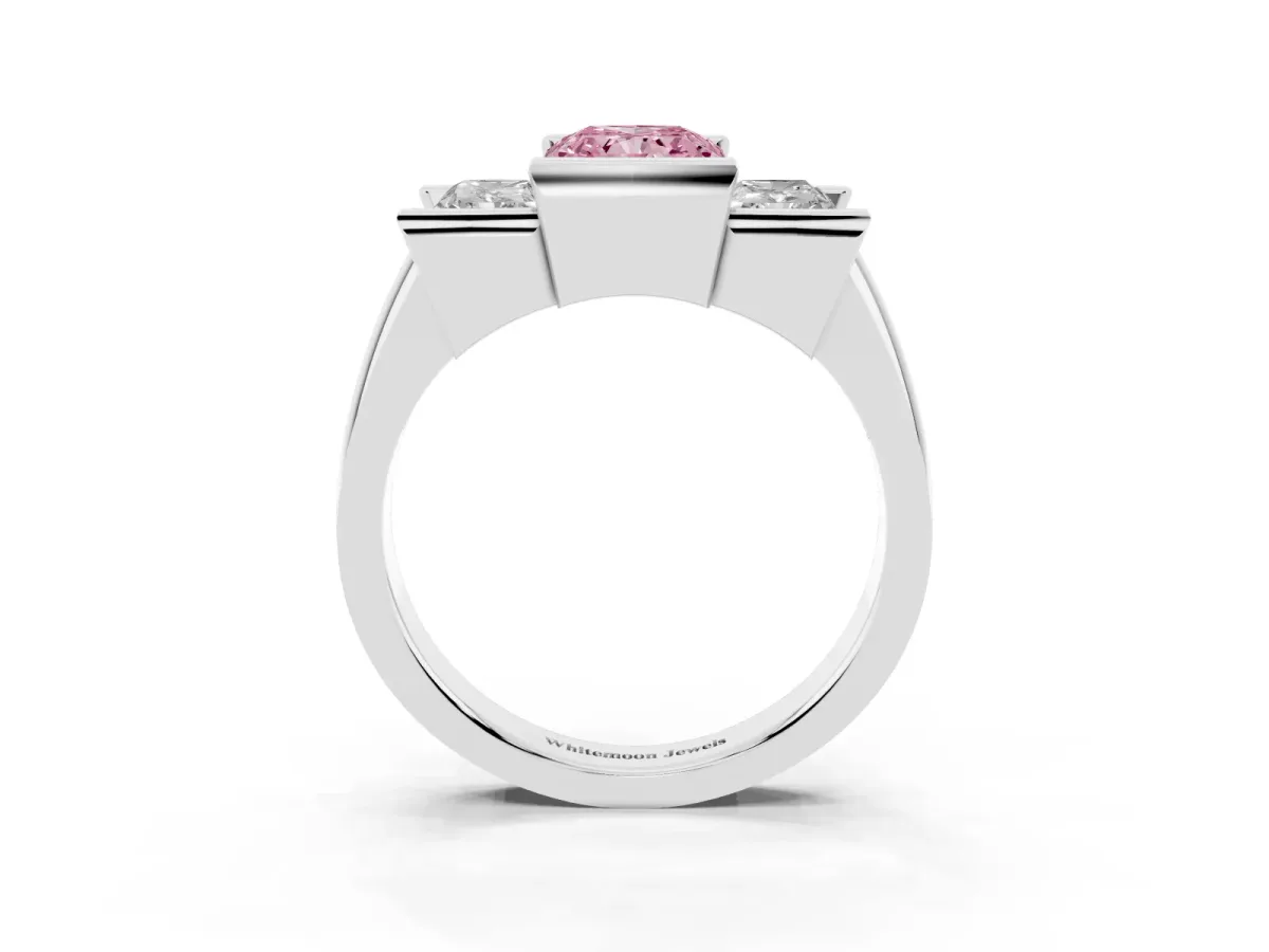 Fancy Pink Three Stone Radiant Cut Cut Channel Set Diamond Ring Platinum