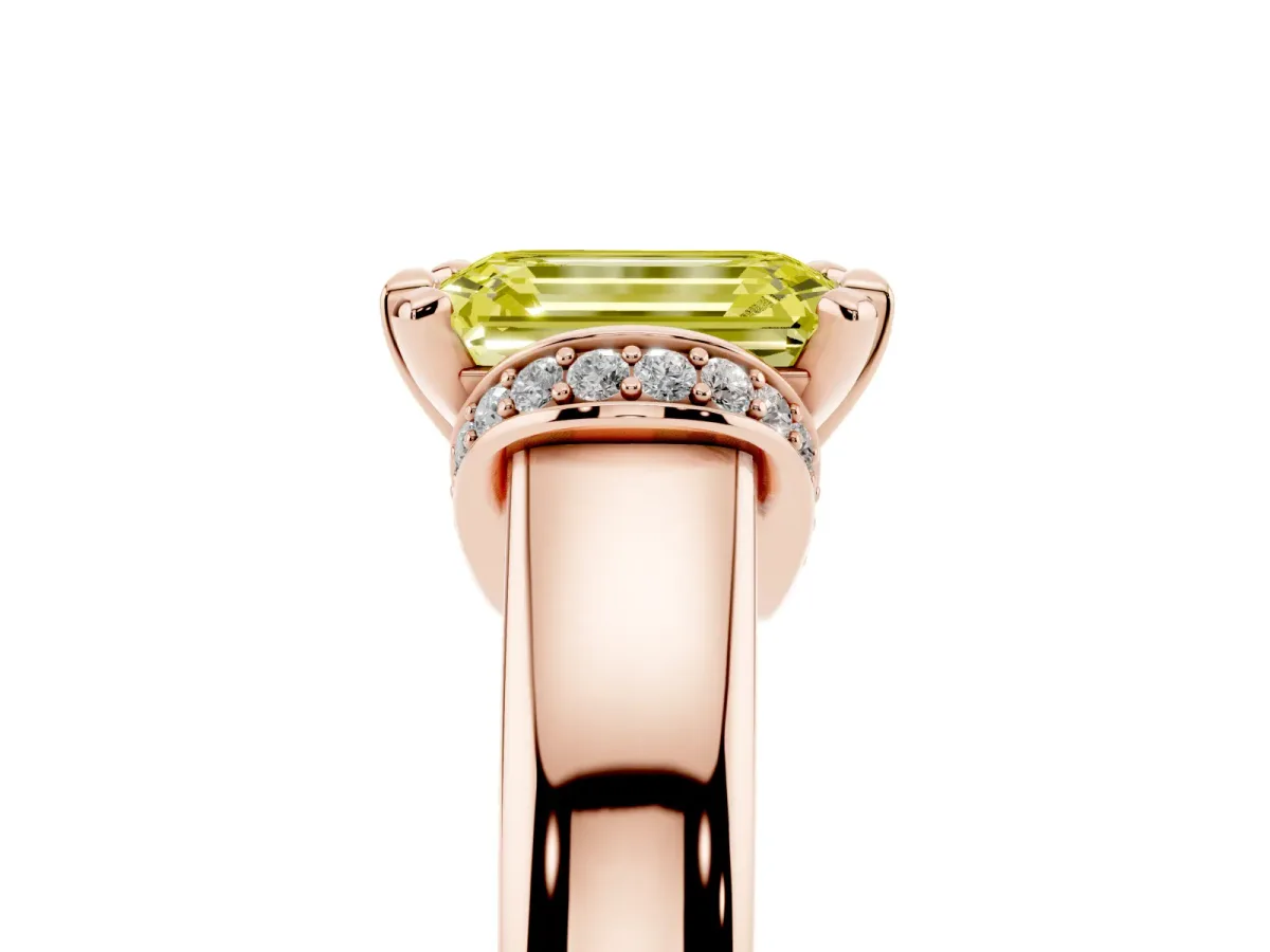Fancy Yellow Emerald Cut Solitaire Diamond Ring with Pave Band and Six-Prong Setting Rose gold