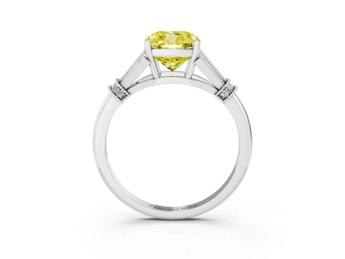 Fancy Yellow Cushion Cut Diamond Solitaire Ring with Floral Filigree and Pave Accents Platinum