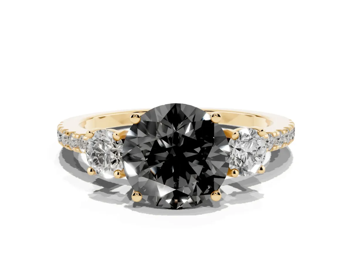 Fancy Black Three-Stone Round Cut Cut Diamond Pavé Band with Prong Setting Yellow gold