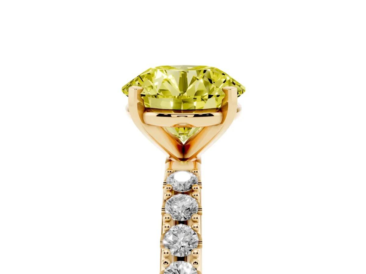Fancy Yellow Round Cut Diamond Solitaire Pavé Band with Four-Prong Setting Yellow gold