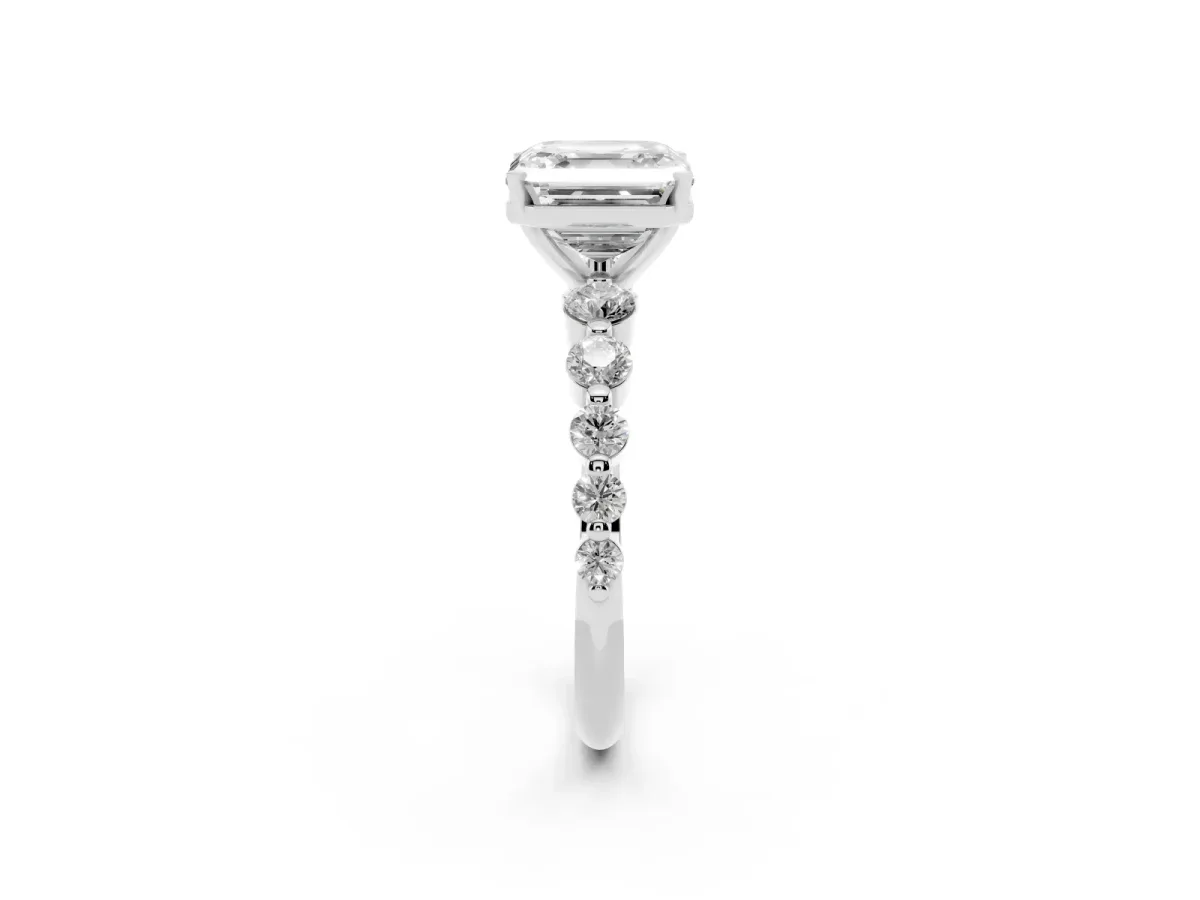Asscher Cut Solitaire Diamond Ring with Pave Band and Four-Prong Setting Silver