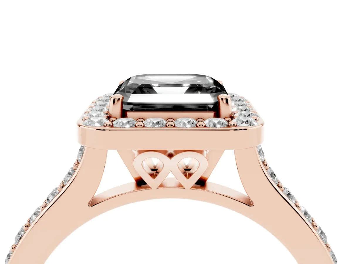 Fancy Black Asscher Cut Diamond Halo Engagement Ring with Round Pavé Shoulders and Prong Setting Rose gold