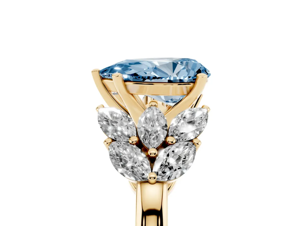Fancy Blue Pear Cut Diamond Cluster Leaf Design Ring with Prong Setting Yellow gold
