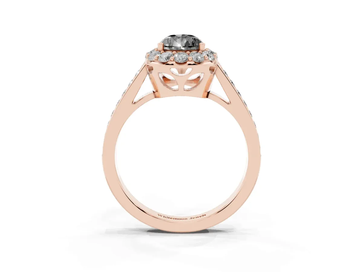 Fancy Black Pear Cut Diamond Floral Halo Ring with Pavé Band and Prong Setting Rose gold