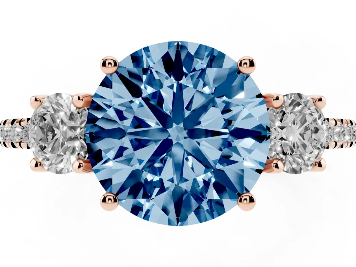 Fancy Blue Three-Stone Round Cut Cut Diamond Pavé Band with Prong Setting Rose gold