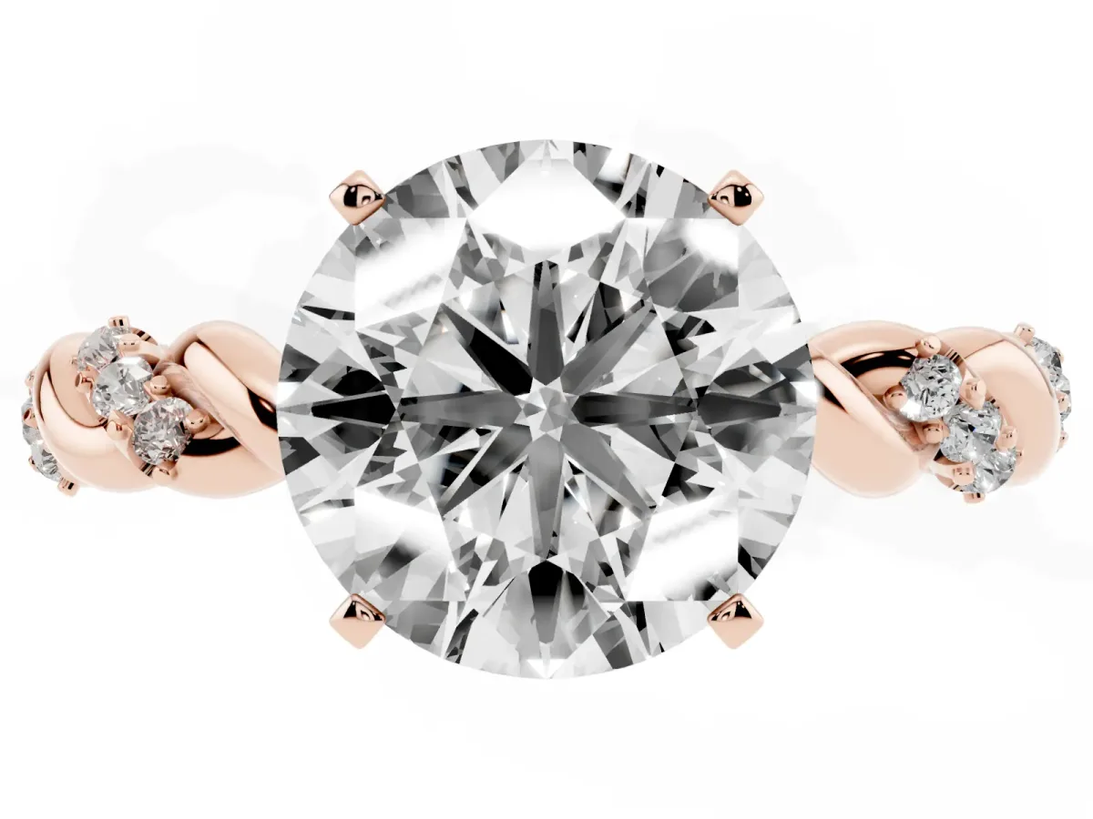 Round Cut Diamond Solitaire Ring with Twisted Band and Pavé Accents Rose gold