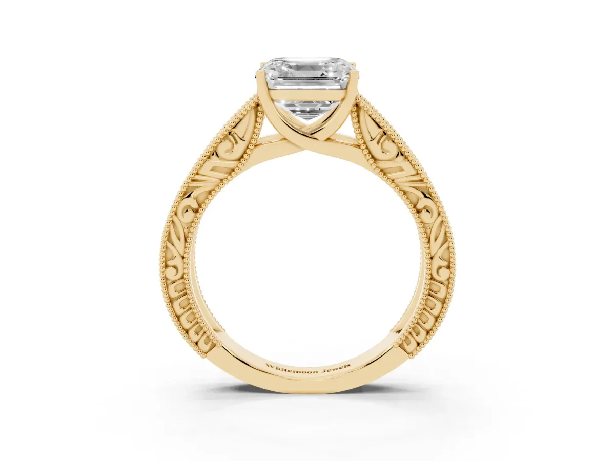 Asscher Cut Diamond Solitaire Ring with Engraved Band and Four-Prong Setting Yellow gold