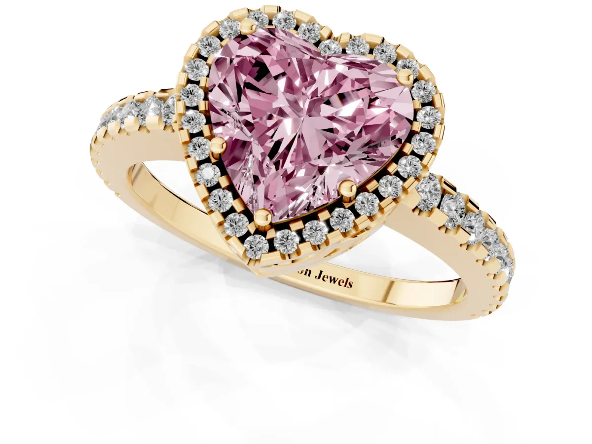 Fancy Pink Heart Cut Diamond Halo Engagement Ring with Pavé Band and Prong Setting Yellow gold