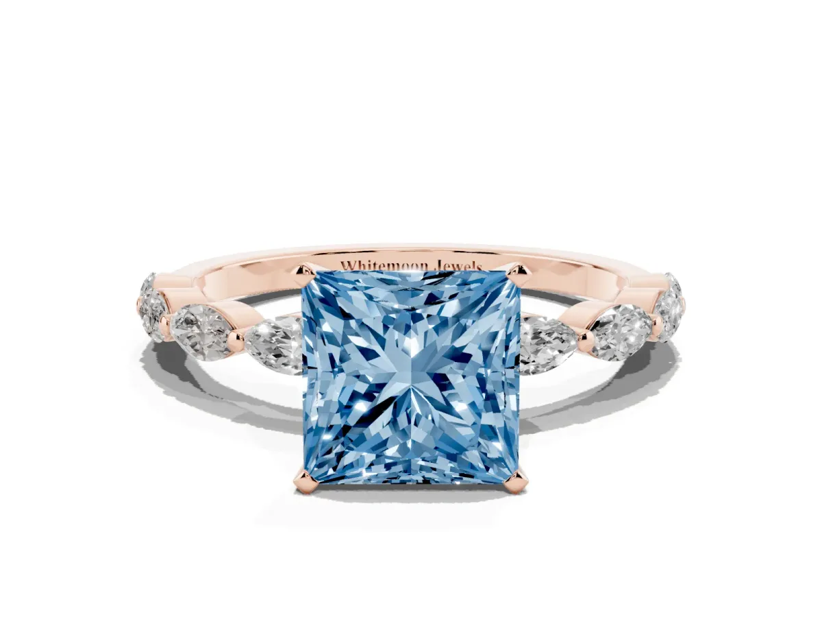 Fancy Blue Princess Cut Diamond Ring with Marquise Side Stones and Prong Setting Rose gold