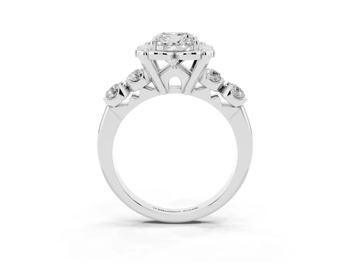 Cushion Cut Cut Diamond Floral Halo Engagement Ring with Shared Prong Setting Silver