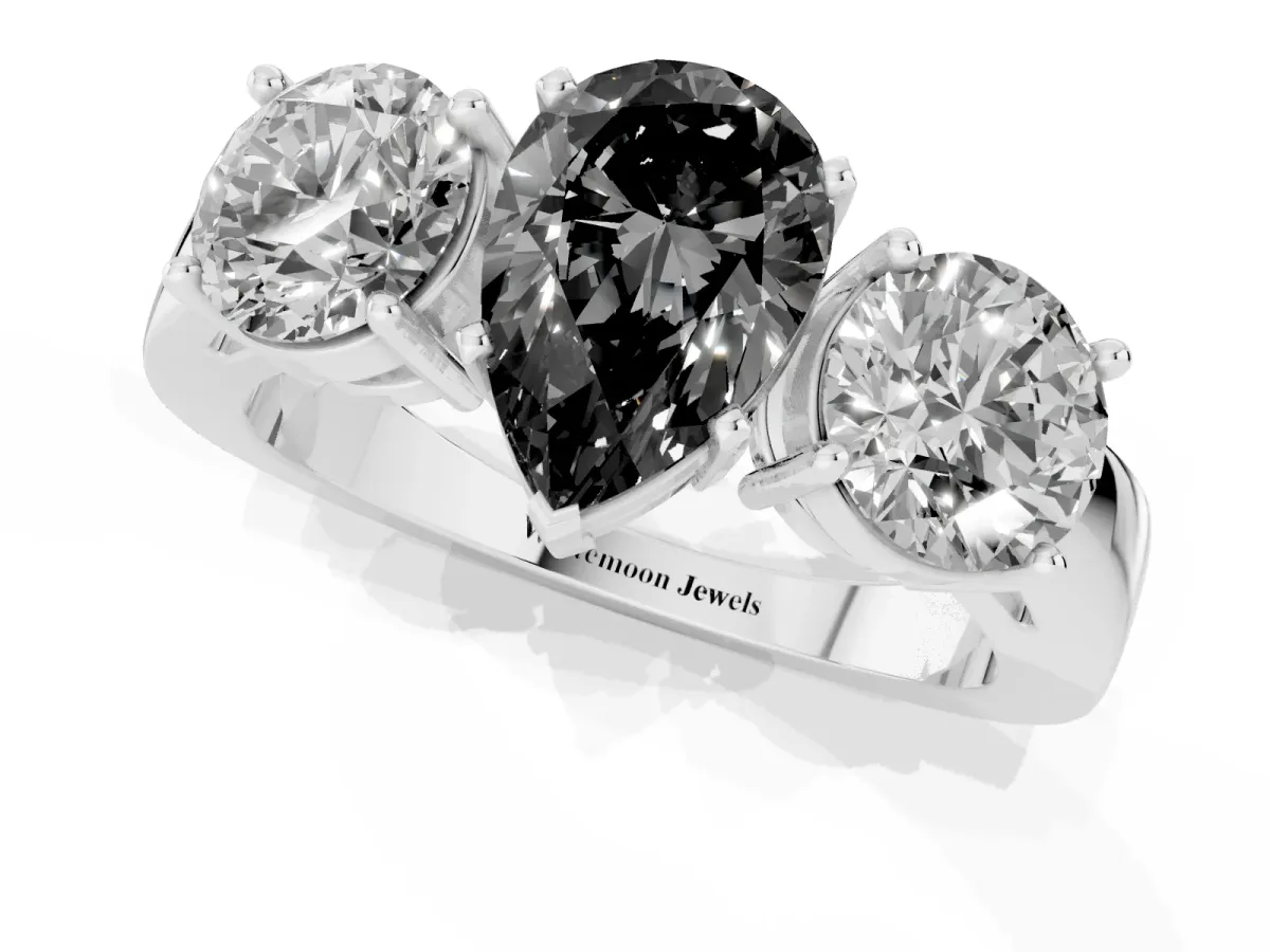 Fancy Black Three-Stone Pear Cut Diamond Ring with Round Side Stones, Classic Band, and Four-Prong Setting Silver