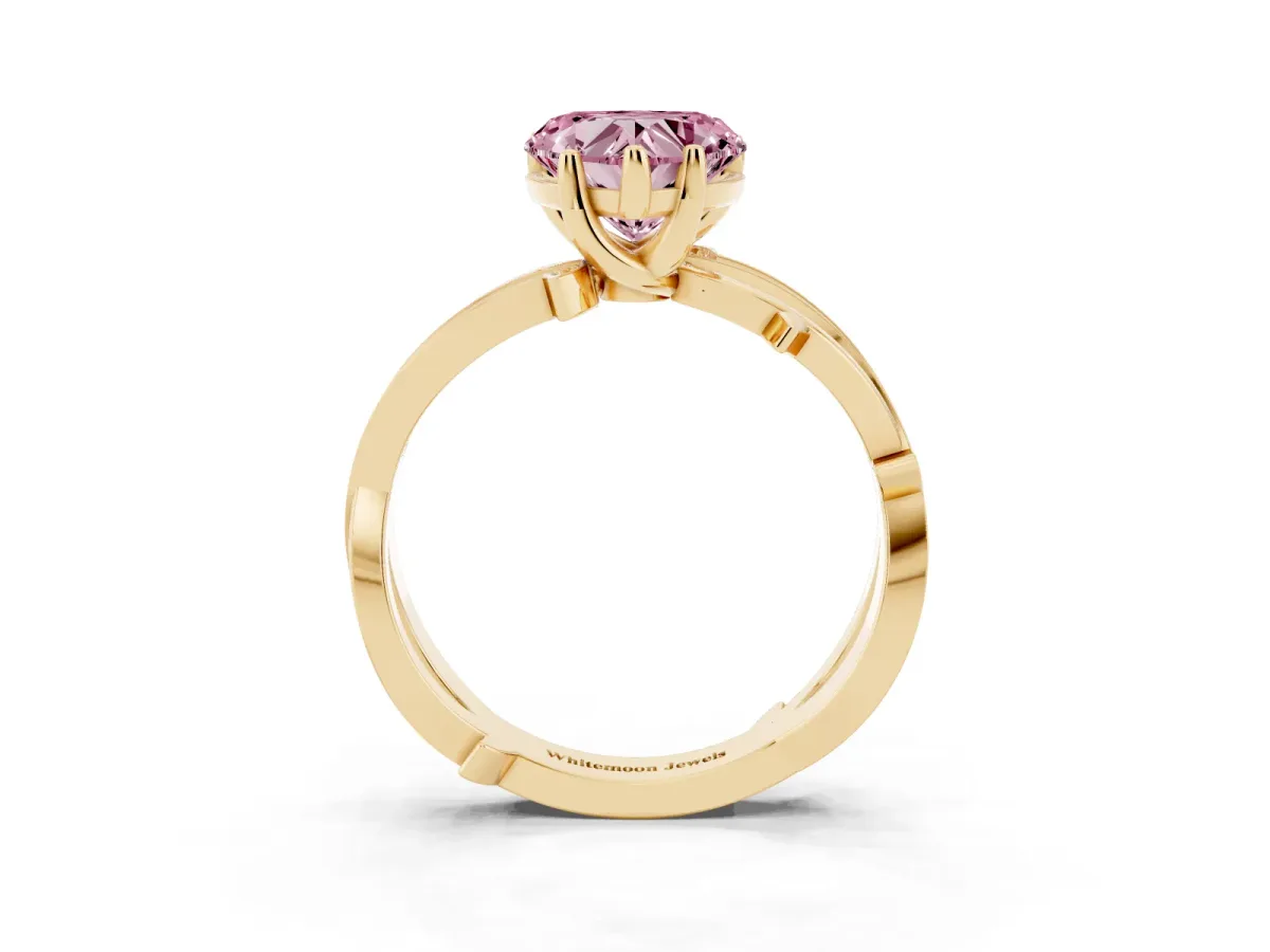Fancy Pink Heart Cut Solitaire Twist Band with Pavé Accents and Four-Prong Setting Yellow gold