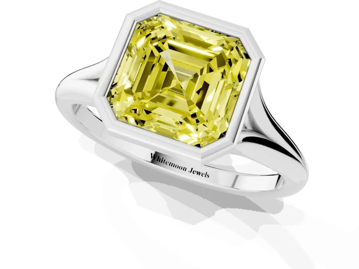 Fancy Yellow Bezel Set Asscher Cut Cut Solitaire Ring with Tapered Band Silver